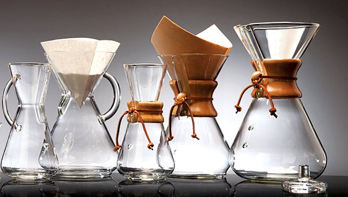 Five different chemex coffee brewers