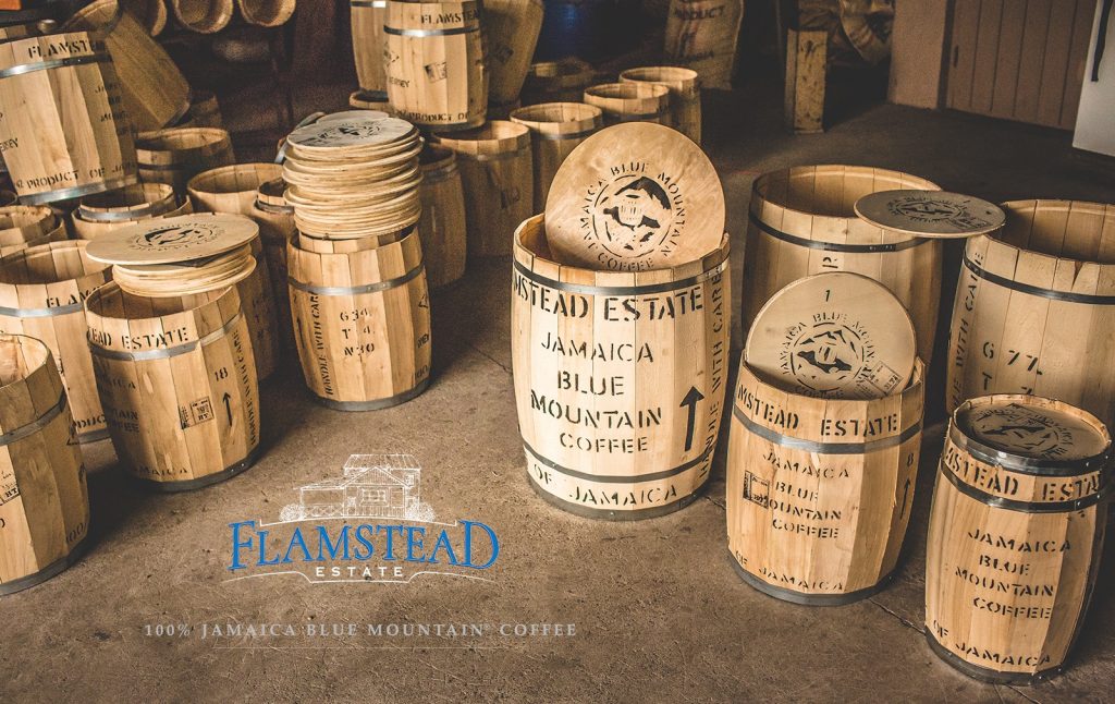 Empty wooden barrels for Flamstead Estate Jamaica Blue Mountain Coffee