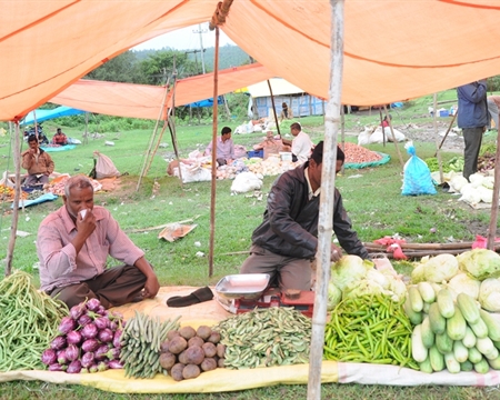 people under tents selling vegetables at outdoor mysore market