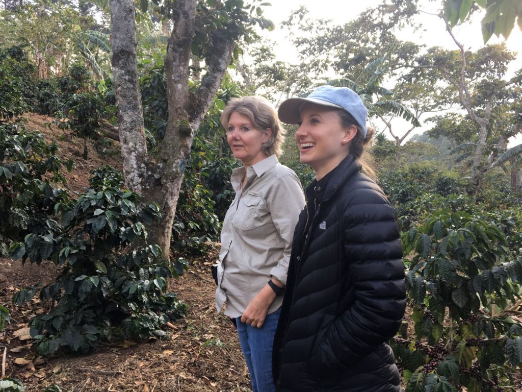 Two women standing among coffee plants