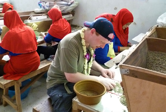 Jon Burman helping with quality control at PT Indokom in Surabaya Java - The mill for the Bali Coffees