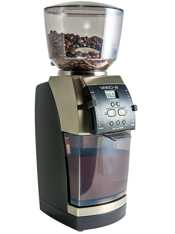 baratza vario-w coffee grinder with beans in top and grounds in bottom containers