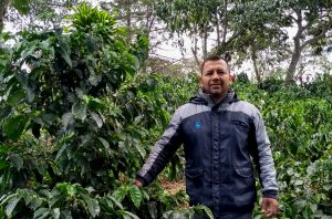 Man standing next to coffee plant
