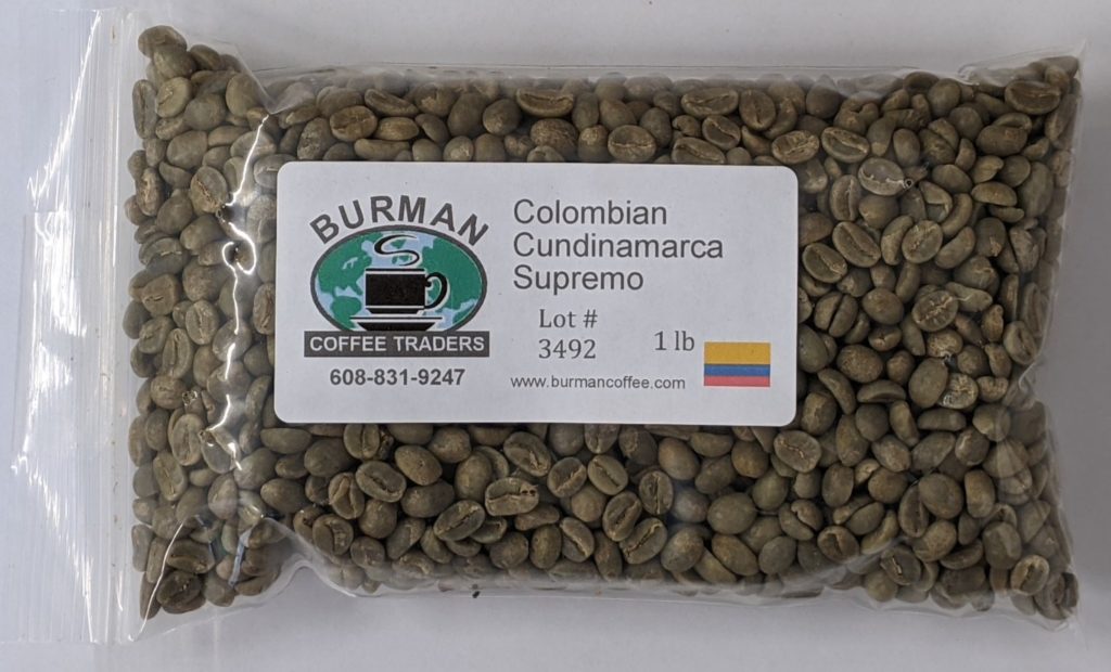 1 pound bag of Colombian Cundinamarca Supremo coffee beans