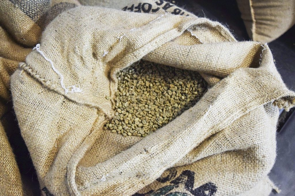 Fair trade green coffee beans in sack
