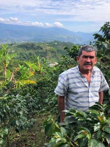 Man standing on hillside with coffee plants, Colombian landscape behind him