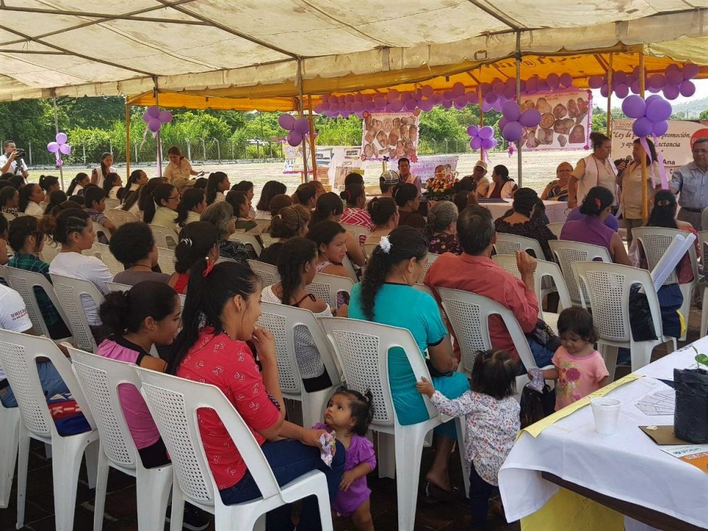 Audience in chairs under a large tent looking at a woman speaking