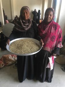 kholani workers holding a large round pan of dried coffee beans