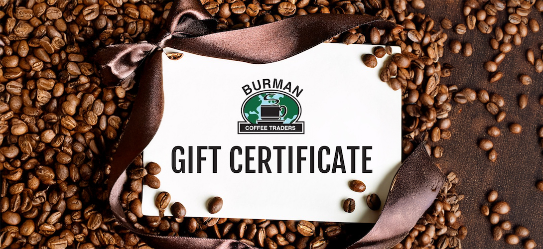 image of coffee beans on a card labeled Gift Certificate 